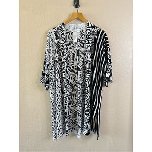 Chicos Lightweight Open Front Cardigan Womens 2 Large Black White Floral Artsy